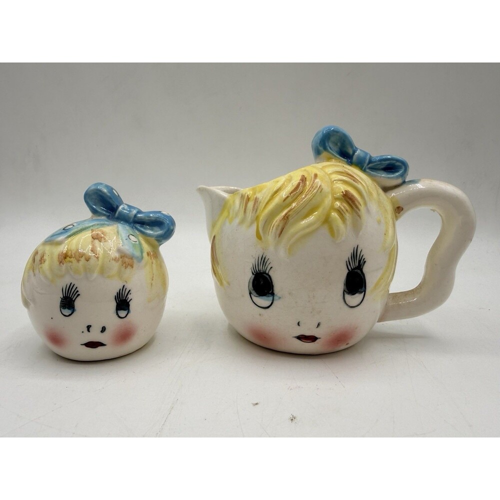 Vintage Royal Sealy Creamer & Shaker Anthropomorthic Girl Blond Hair Bow Japan
